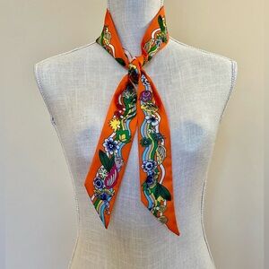 Silk Twill Twilly Reversible Orange Pucci Inspired Mod Wavy Stripes & Floral